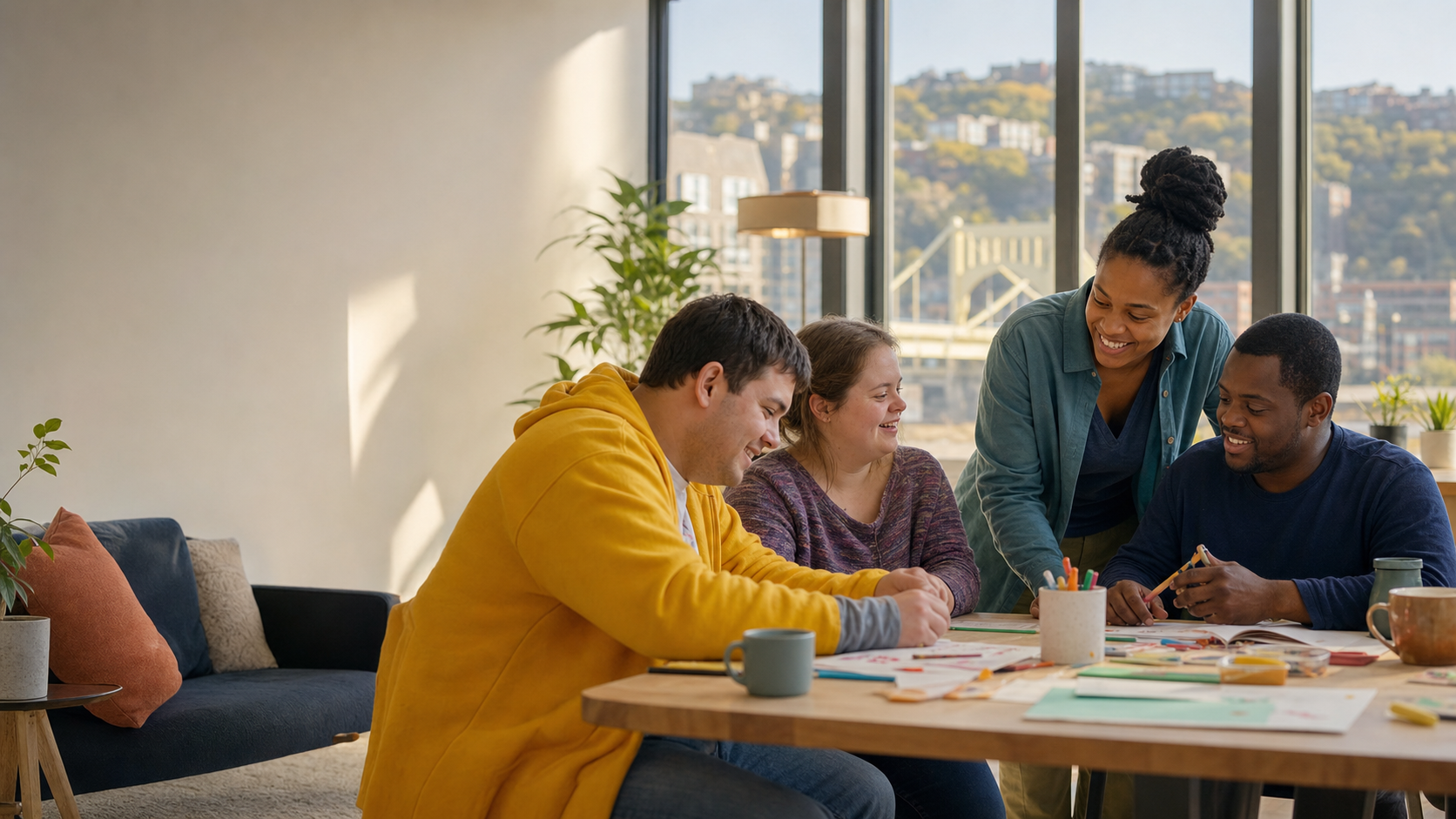 Young adults and a support professional enjoying a creative activity together in Pittsburgh
